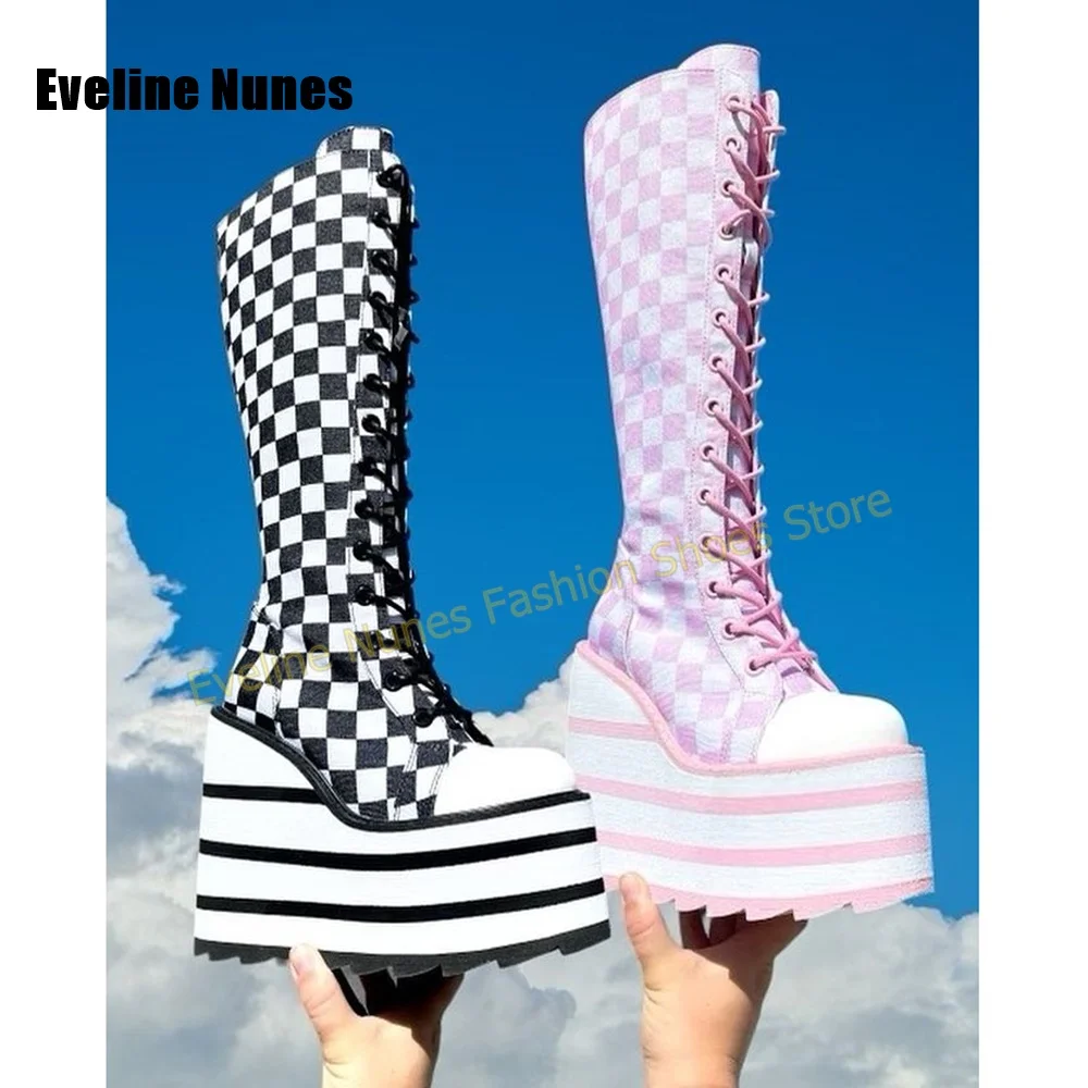Women Pink White Checkerboard Platform Boots Round Toe Wedge Lace Up Y2K Street Style Women Knee High Boots 2026 Cosplay Trend view 6