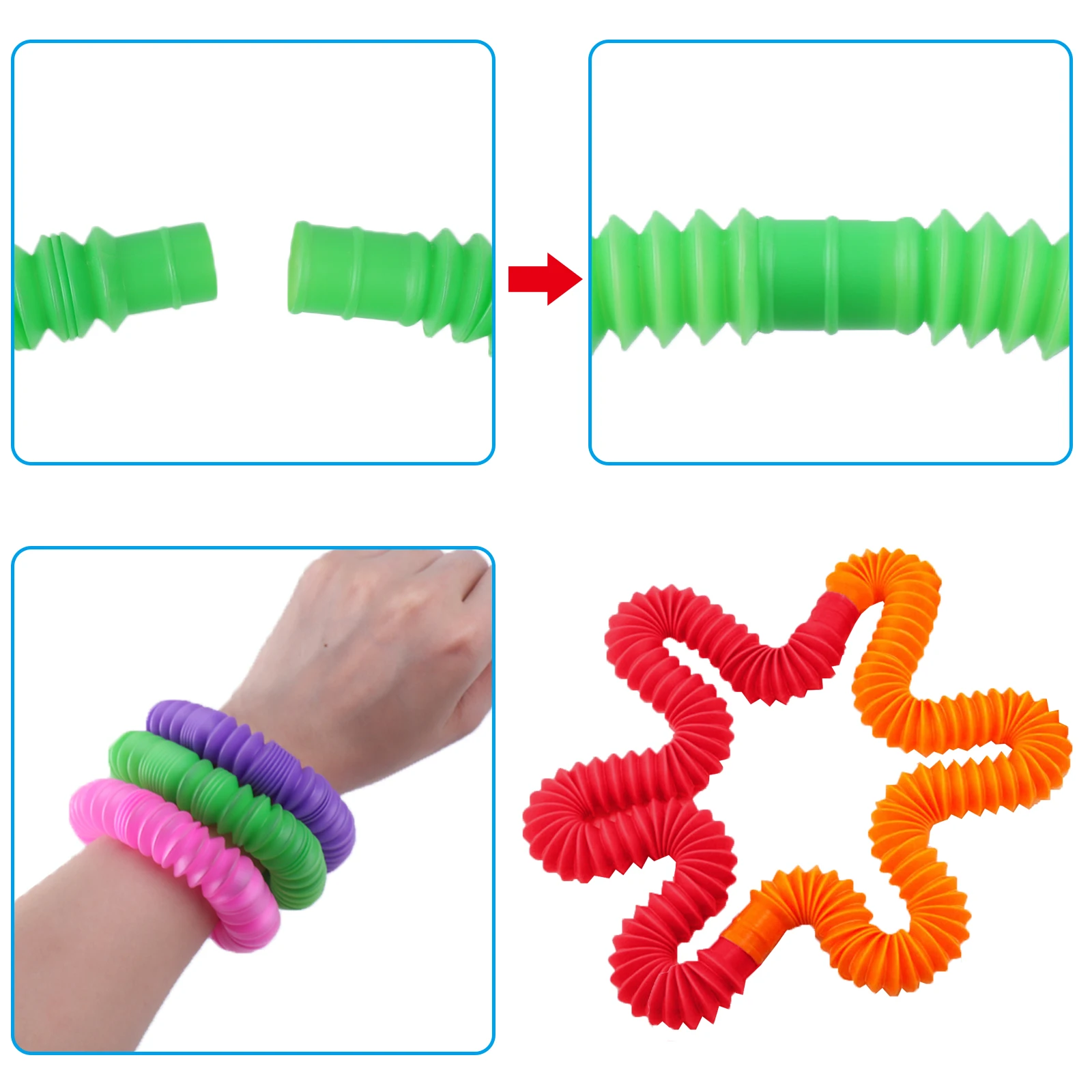 Elastic Pop Tube Sensory Toys 24pcs Telescopic Colourful Anti-Stress Stress Anxiety Relief for Children Adults Learning Toy Gift