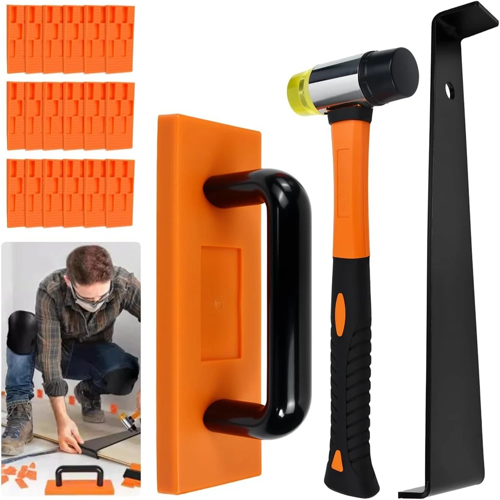 Afbeelding 8: Installatiekit voor laminaatvloeren met dubbelkopige hamer Multifunctionele trekstang Klopblok 40 stuks afstandhouders voor montage van vinylhouten vloeren