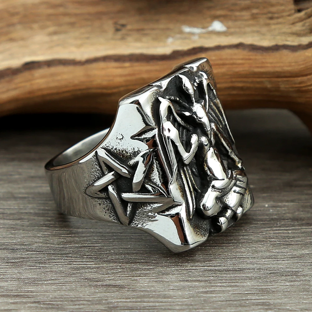 Gothic Seal of Satan Pentagram Sigil Statement Rings for Men Women Stainless Steel Satanic Ring Fashion Punk Biker Jewelry Gift