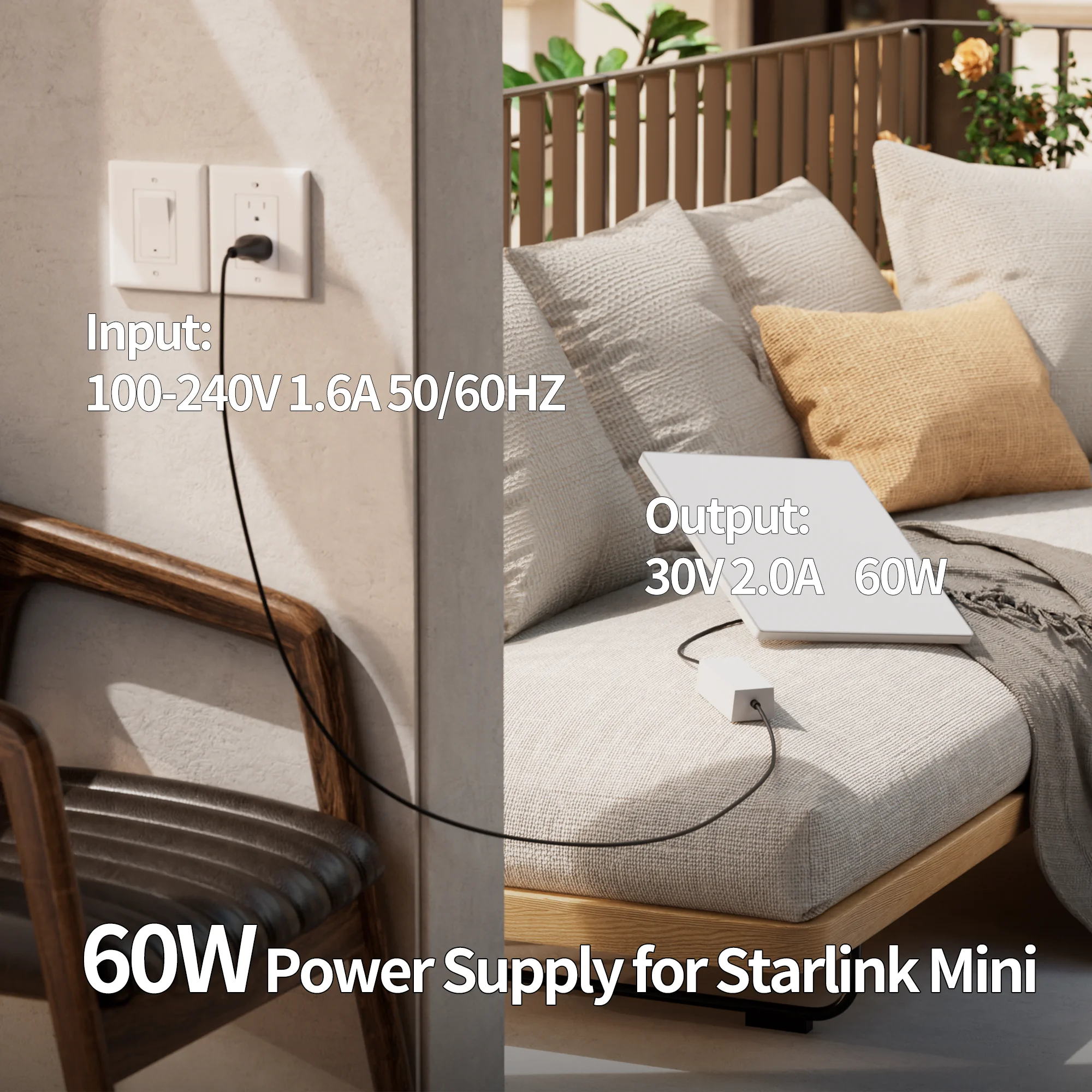 Starlink Mini Power Supply 60W Starlink Mini Power Adapter AC Charger Wall Plug Steady 30V/2A with 1.8M Extension Cable