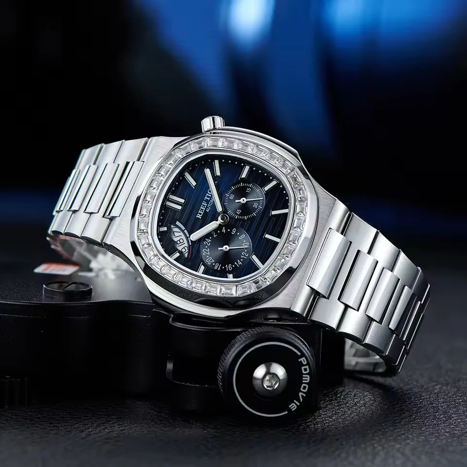 Reef Tiger RT Luxury Men's Watch Square Diamonds 316L Stainless Steel 24 Hours Display Luminous Automatic Mechanical Relojes