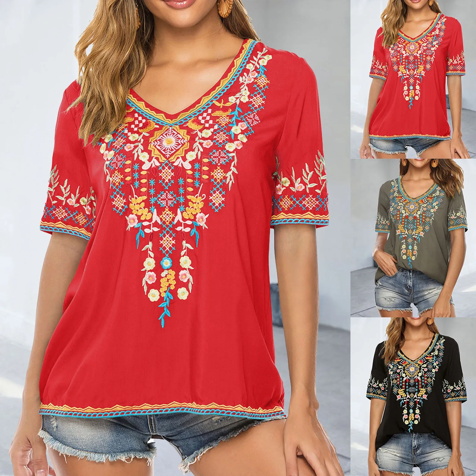 Women\'s Mexican Embroidered Tops Bohemian Style V-neck Peasant Summer Half Sleeve Shirt Boho Tunic Blouses Hippie Clothes Female