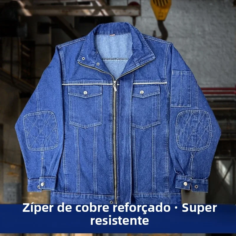 厚手の純綿製作業服セット-メンズ-デニム作業着-耐熱電気技師用保護スーツ-パッチと補強付き