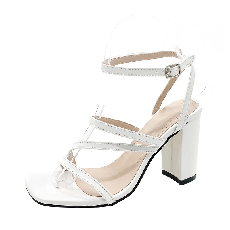 Large Size Low Sandals Woman Leather All-Match Female Shoe Square Toe Clear Heels Buckle Strap Big Low-heeled Girls Fashion High