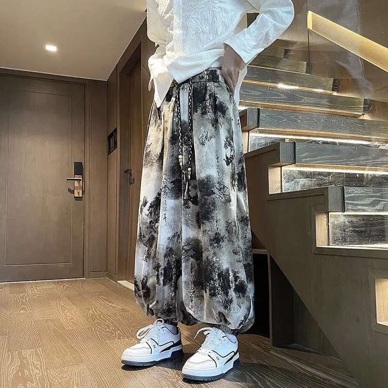 Tie Dye Ink Splatter Ice Silk Casual Pants for Men and Women Plus Size Loose Fit Lightweight Drape Tapered Harem Pants for 140kg