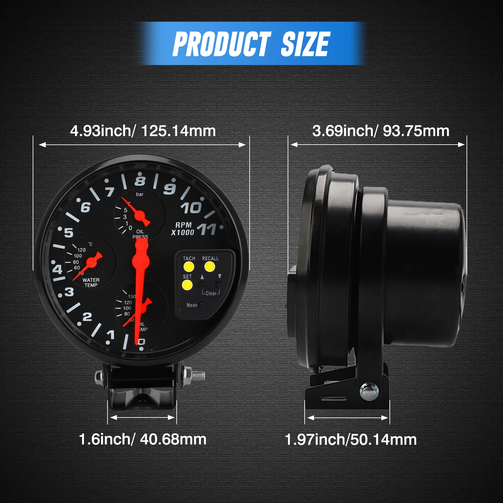 1Set 4 In 1 Tachometer + Sensor + Instruction Manual For Various Models 125.14*93.75mm/4.93*3.69in 12V Car Accessories