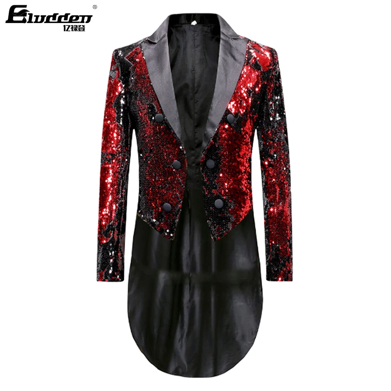 Men\'s Shiny double sided color Sequins Tuxedo Jacket Slim Fit Tailcoat Dress Coat Swallowtail Dinner Party Wedding Suit Jackets