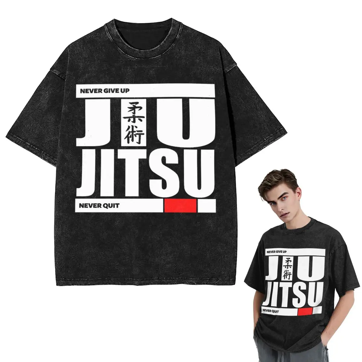 Streetwear T-Shirts Jiu Jitsu - Never Give Up Never Quit Washed T Shirt Short Sleeve Hip Hop T-Shirt Tops Tees for Men Women