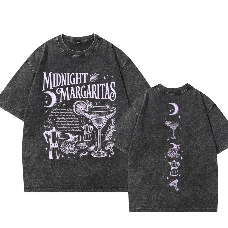 Vintage Washed Midnight Margaritas T-Shirt Praktisches Magisches T-Shirt Retro Halloween T-Shirt Gruselige Jahreszeit Kurzarm O-Ausschnitt T-Shirts – Detail 4