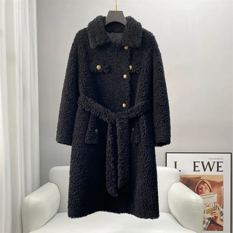 Aorice Women Real Wool Fur Long Coat Jacket Trench Winter Warm Female Sheep Shearing Over Size Parka CT2128