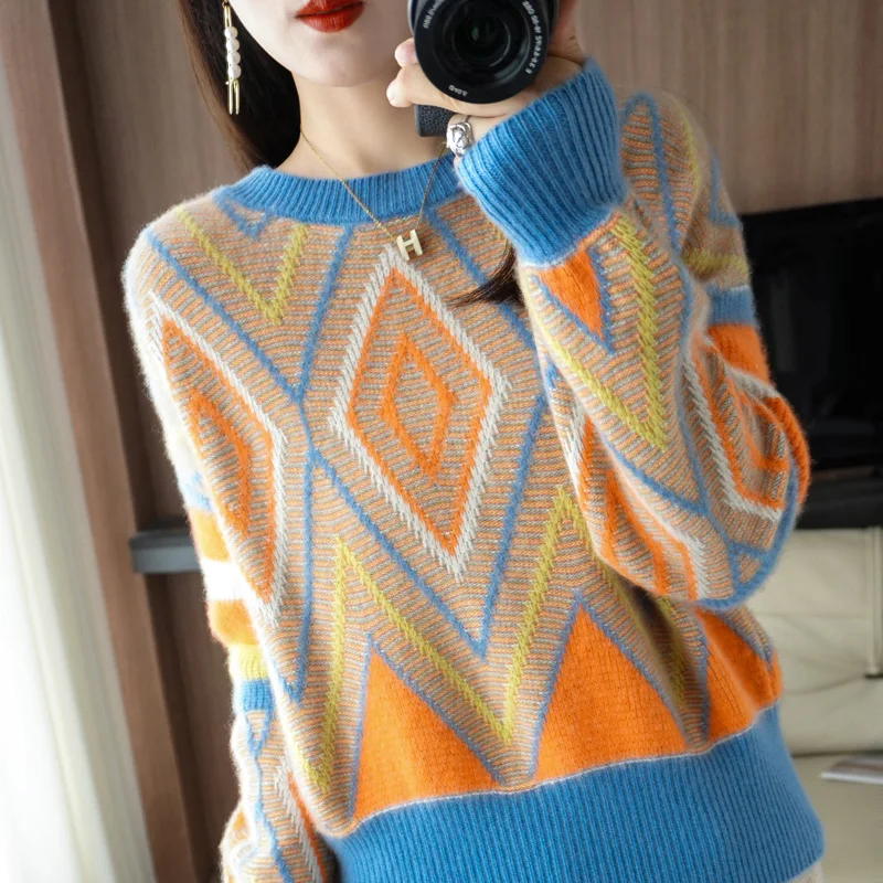 

Autumn and winter new women's sweater 100% pure wool V-neck knitted cashmere pullover loose fashion Korean style coat top
