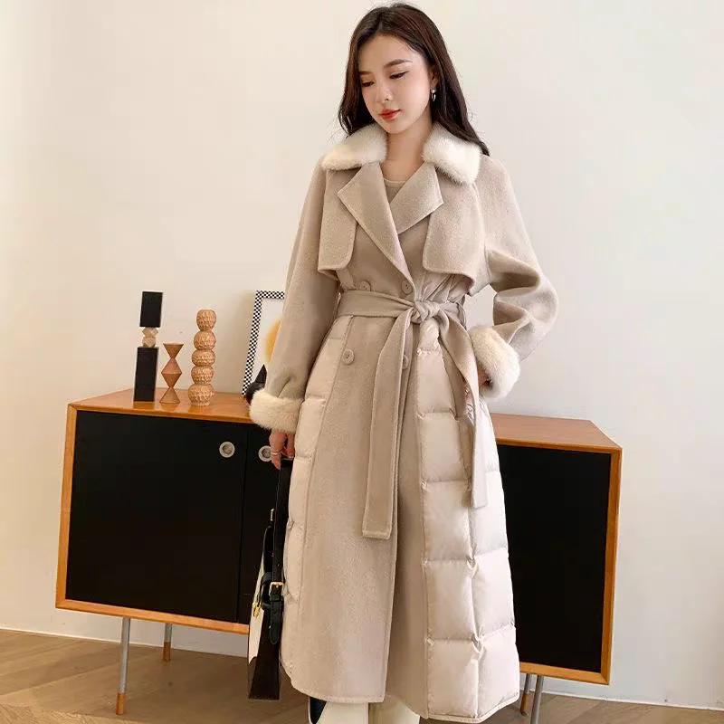 Winter Cashmere Fur Collar Woolen Windbreaker Cotton Coat For Women Adjustable Waist Ladies Long Fashion Overcoat Windbreaker