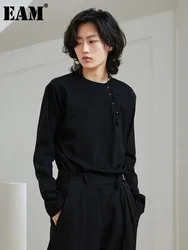 [EAM] Women Black Irregular Buckle Big Size Elegant T-shirt New Skew Neck Long Sleeve Fashion Tide Spring Autumn 2024 1DH0068