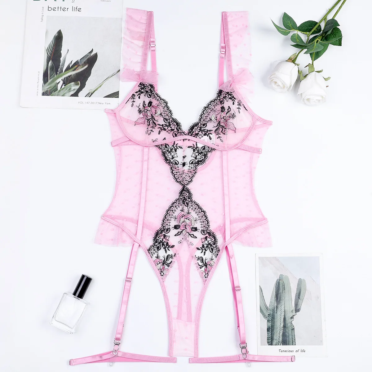 ECTOOKO Pink Playful Cute Girl Pure Lust Sexy Underwear Embroidery Stitching Dot Net Jumpsuit