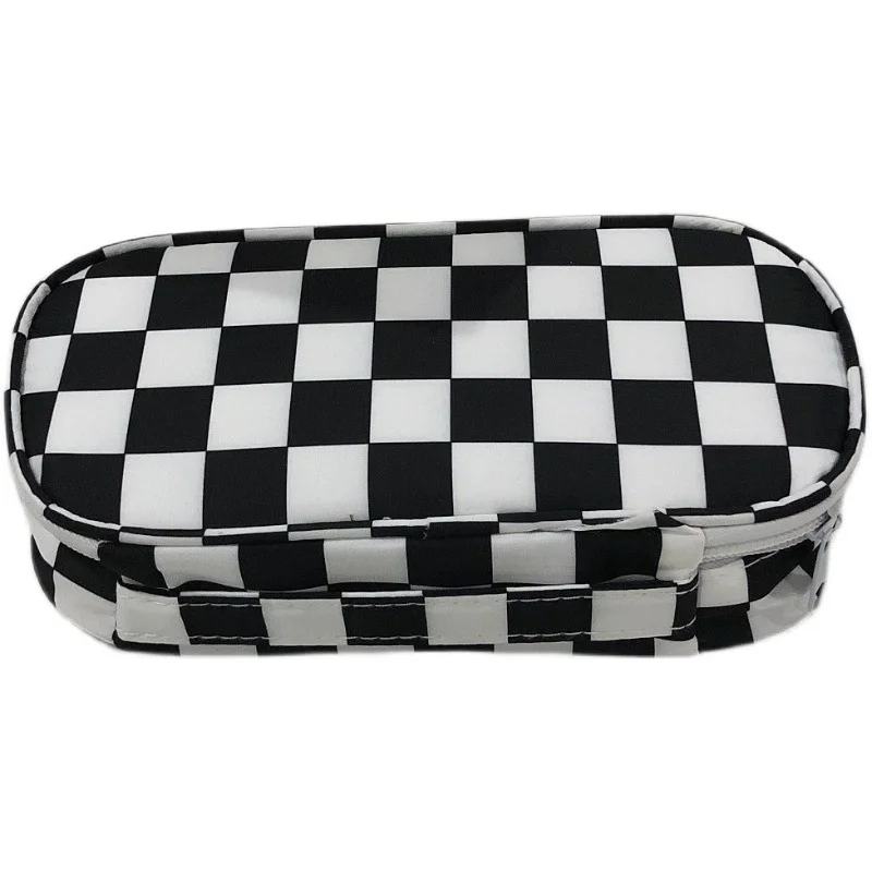 Simple Large Capacity Black and White Plaid Pencil Case Portable Canvas Material Pencil Bag School Office Supplies Stationery