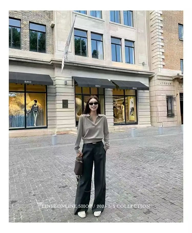 V-neck old money wind lapel long sleeve slim waist thread bottoming cashmere sweater