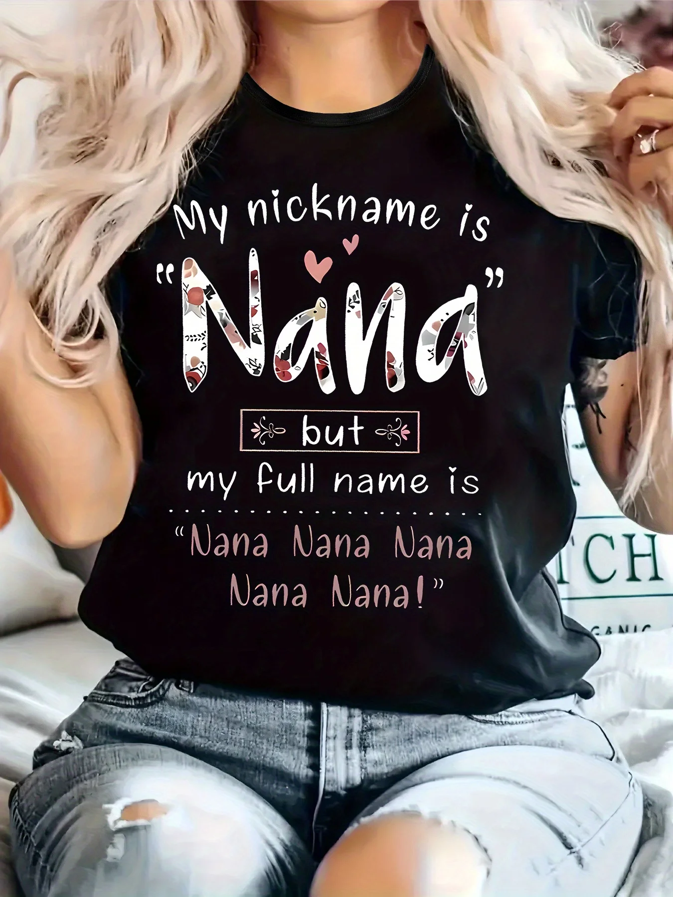 Mon nom est Nana. T-shirt imprimé avec motif personnalisé. Haut décontracté pour femmes à col rond et manches courtes, confortable pour tous les jours