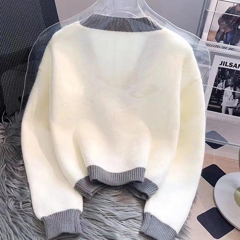 2024 Jesień Zima Nowy Casual Koreański Patchwork V-neck Sweter z długim rękawem Płaszcz Damski Prostota Guziki Dzianinowy Kardigan Tops