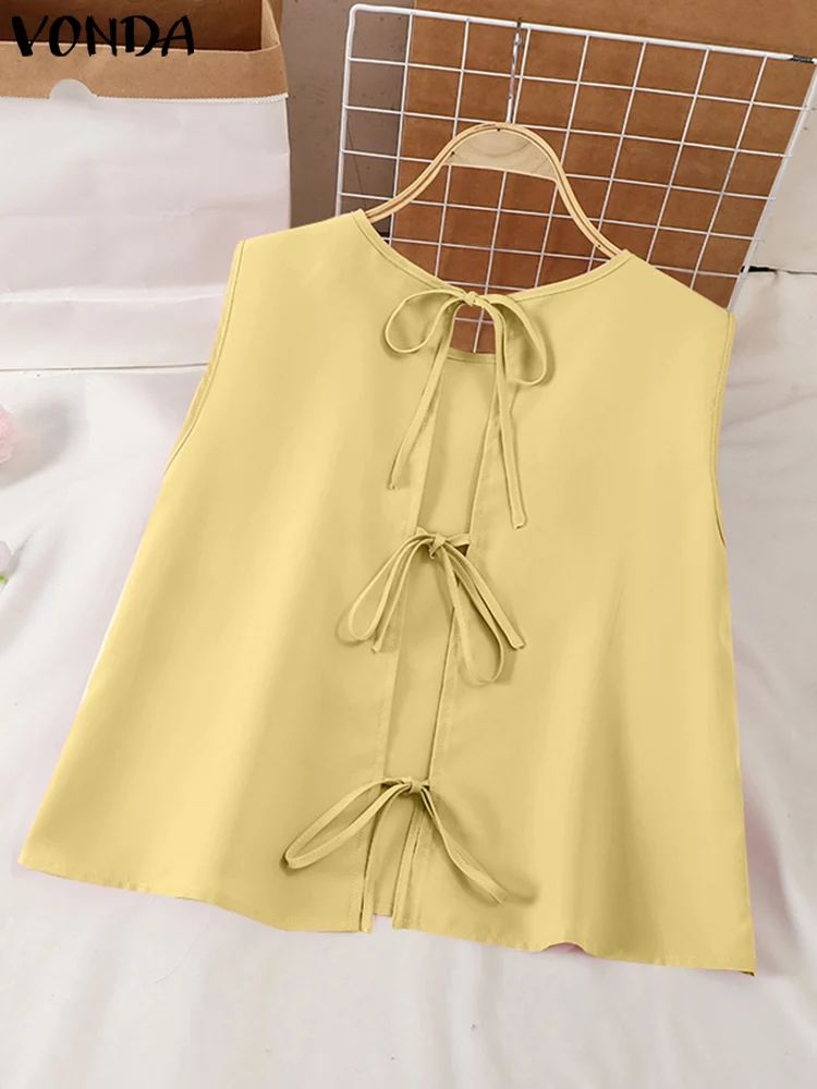 

VONDA Women Tank Tops Summer Tees Tops 2024 Casual Vintage Solid Color Blouse Oversized Sexy Sleeveless O Neck Camis Tanks