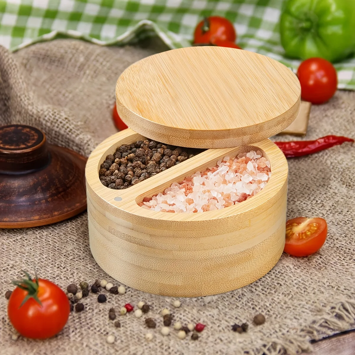 Caja soporte para almacenamiento de condimentos, caja de sal con 360 ° Tapa giratoria magnética para almacenar pimiento, sal de mesa, sales gourmet, especias, azúcar