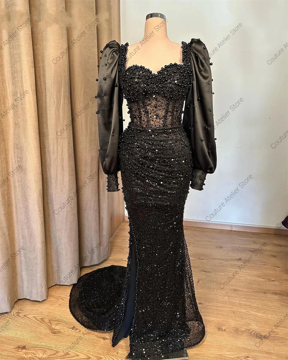 Graceful Black Arabic Evening Dresses Beads Long Sleeves Split Mermaid Luxury Dress Woman 2025 Formal Party Gowns Customized