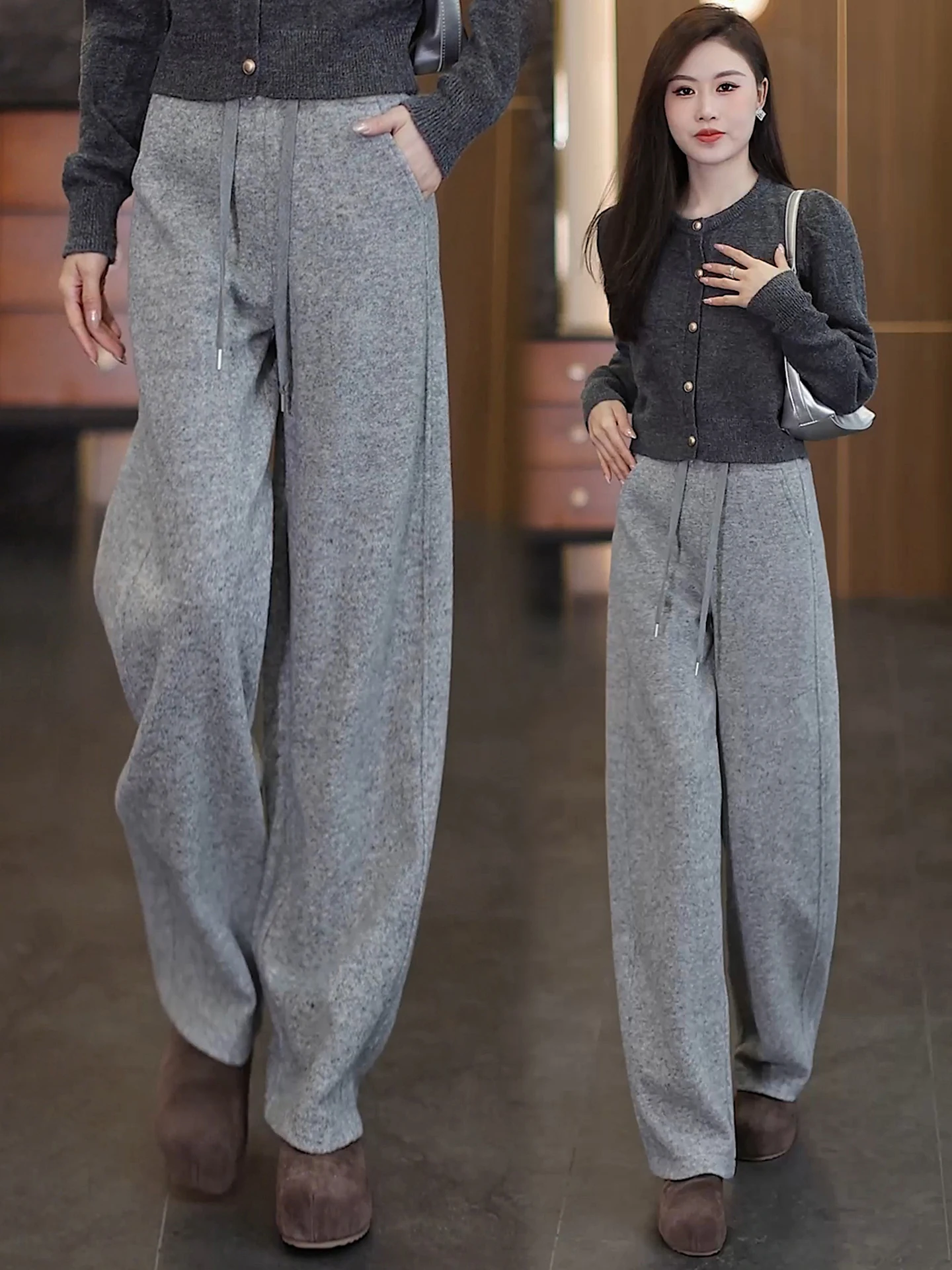 

Женские шерстяные повседневные брюки с широкими штанинами, осенне-зимняя новинка, с высокой талией, свободные, струящиеся, мягкие, прямого кроя