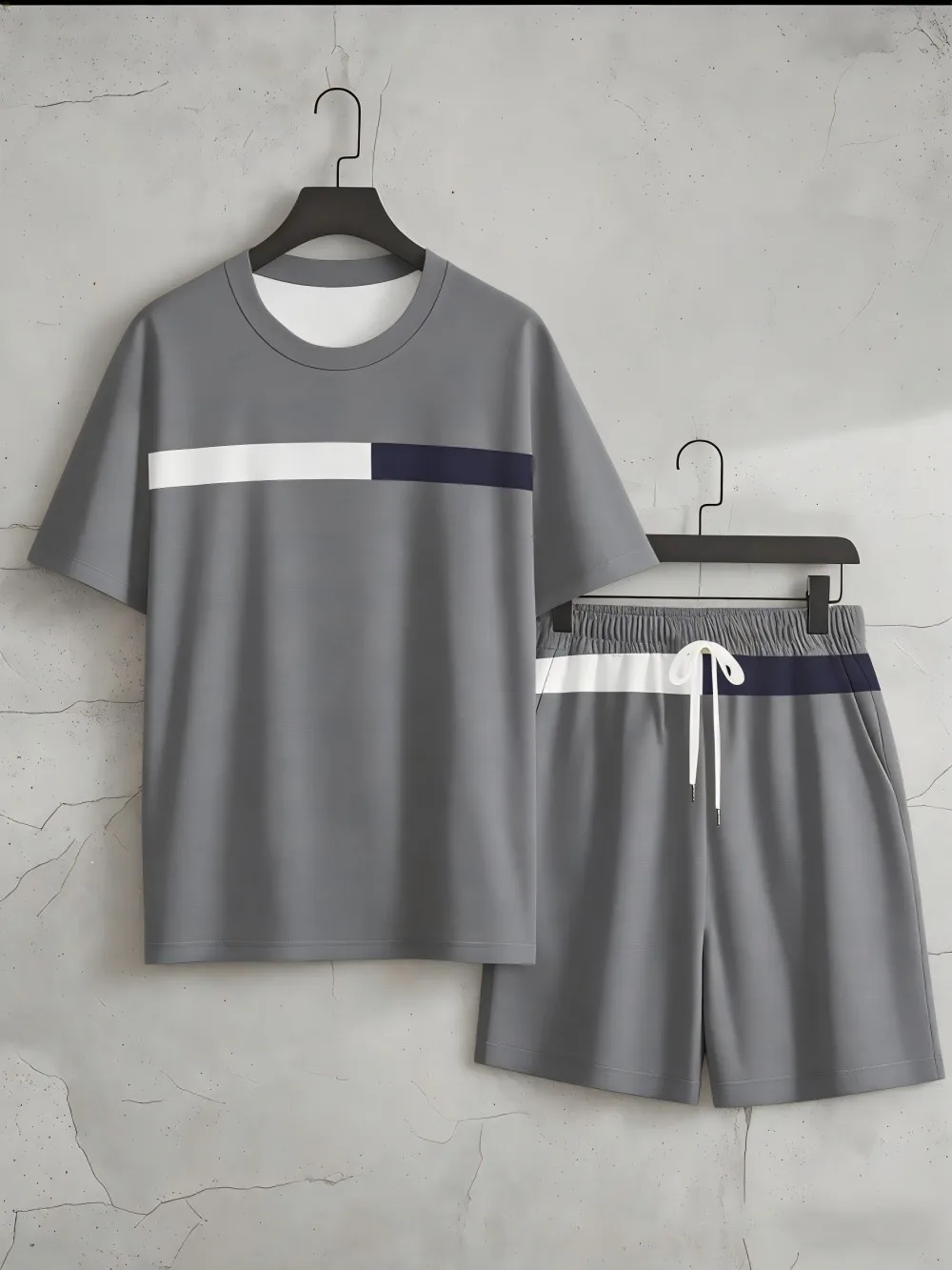 

Men's summer minimalist striped print comfortable breathable round neck T-shirt drawstring shorts set outdoor casual clothing