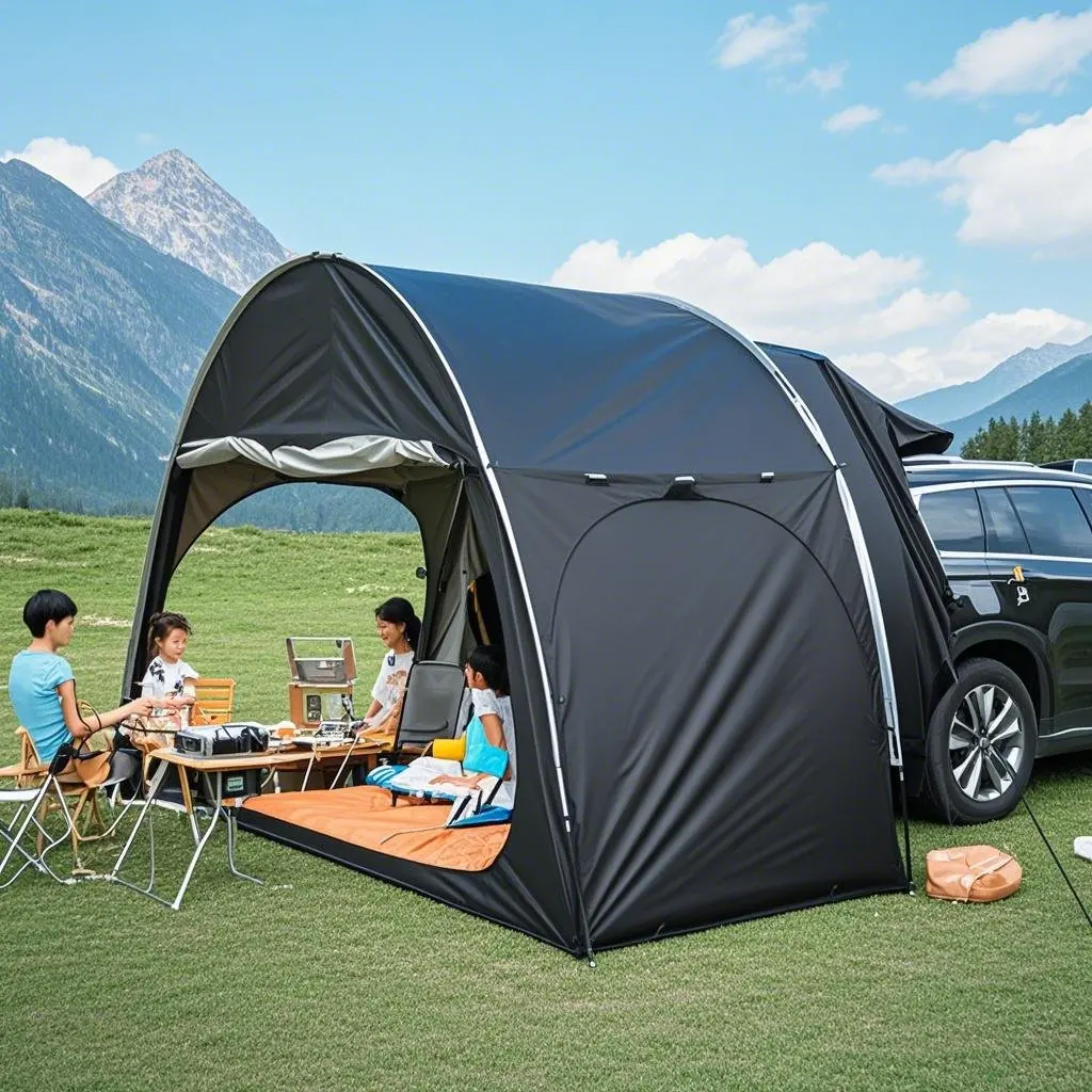 SUV Camping Tents Car Tent with Porch Vestibule Awning Shelter, 4 Person SUV Tent for Car Camping Universal Fits All SUVs Vans