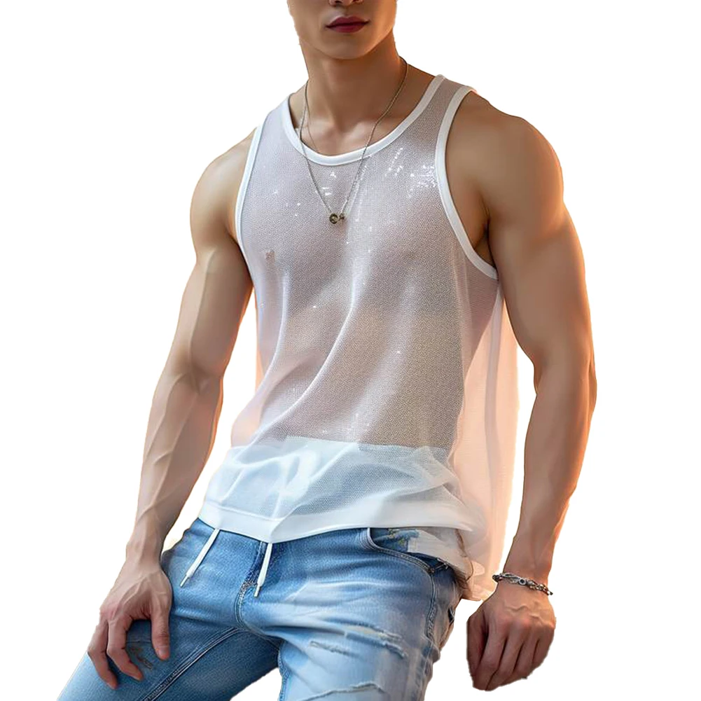 

Bodybuilding Vest Vest Party Nightclub See-through Crew Neck Four Seasons Mens Party Nightclubs Polyester Fabric