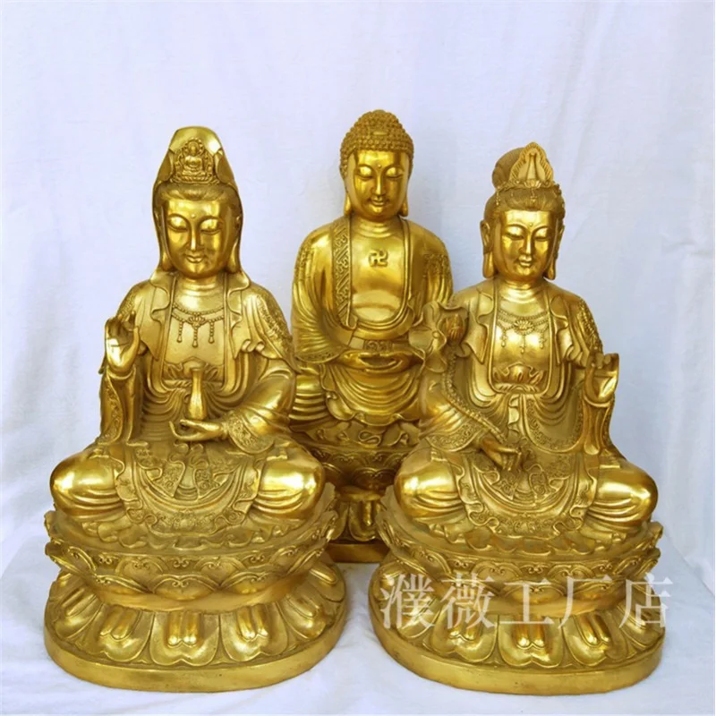 

3 PCS Western Trinity Brass Amitabha Buddha Guanyin Standing Great Trend To Copper Statue Home Wors 30CM