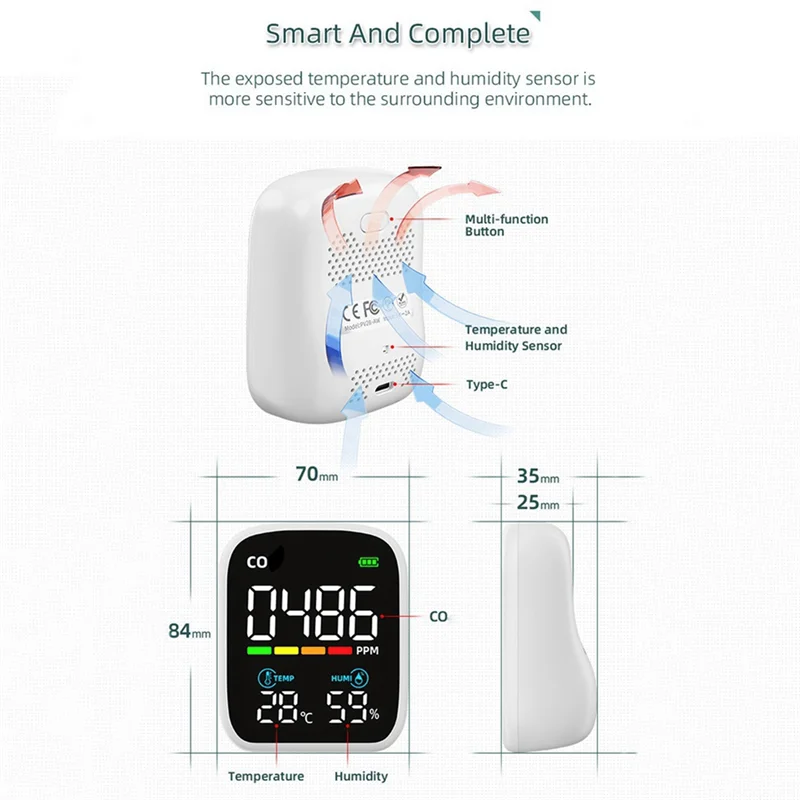 ABZZ-Detektor CO Mini Kualitas Tinggi PV28 WIFI Pintar 3-In-1 Monitor Kualitas Udara Dalam Ruangan, Monitor Meteran Kelembapan Suhu CO CO T