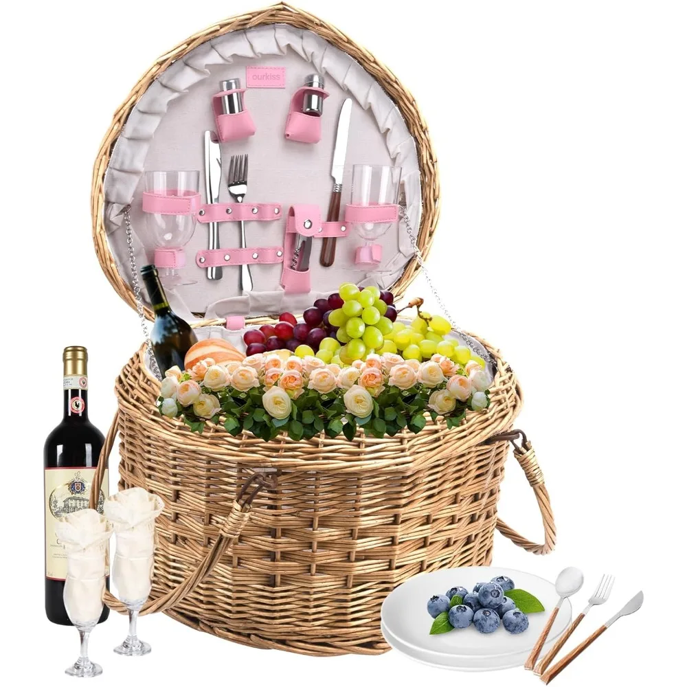 

Romantic Heart Picnic Basket for 2 | Sturdy Wicker Willow with Full Accessories