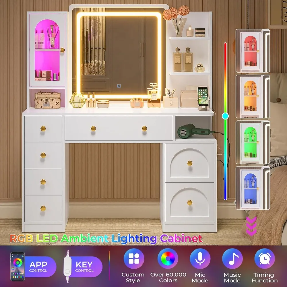 مكتب زينة أبيض مضيء مع 7 أدراج ومرآة ومنفذ شحن وخزانة زجاجية rgb #3
