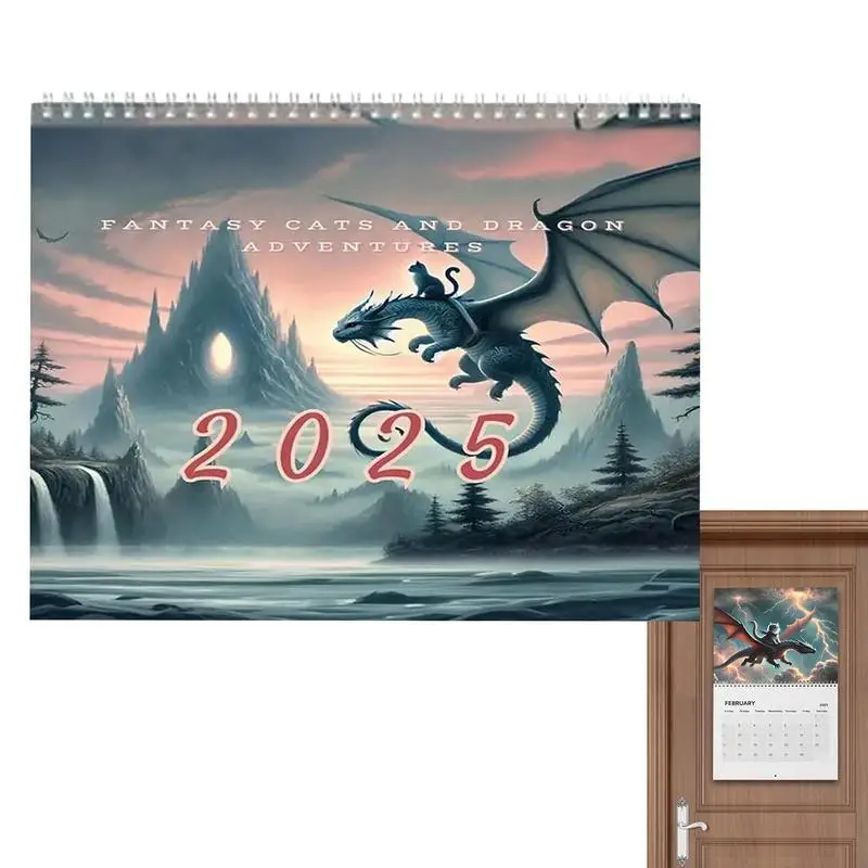 2025 Cat Riding Dragon Calendar 12 months ​Wall Mounted Cat Flying Dragon Calendar Pendant 2025 New Year Family Calendar
