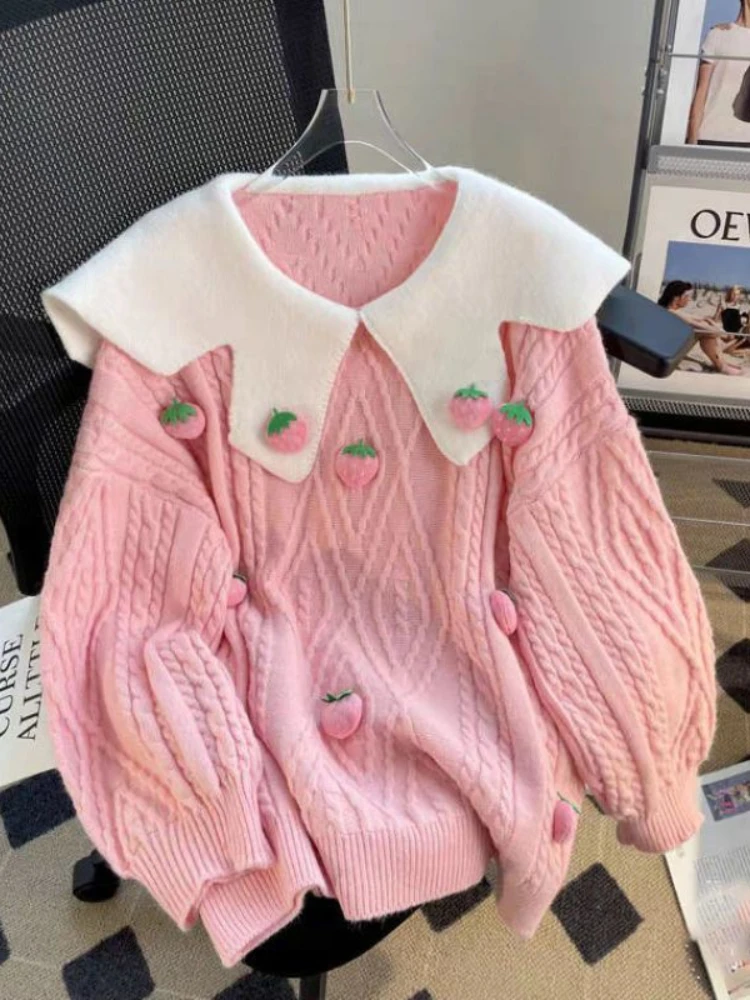 Hikigawa Chic Fashion Strawberry Peter Pan Collar Women Sweaters CoatsAUtumn Loose Sweet Knitted Pullovers Tops Ropa Mujer