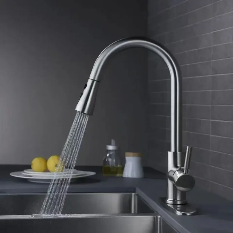 Pull-out Rotating Kitchen Faucet 360° Swivel Stainless Steel  Hot Cold Water  Water Sink Faucet Equipped with Water Inlet Hose