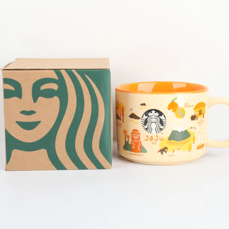Taza Regional de Jeju de Starbucks Corea, Taza de Cerámica Amarilla de 355 ml con Ilustraciones de la Naturaleza y Cultura de Jeju, Vajilla Elegante
