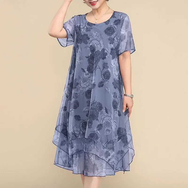 

O-Neck Short Sleeve Dresses Vintage Floral Printed Summer Gauze Spliced Women's Clothing Stylish Irregular Loose Midi Dress