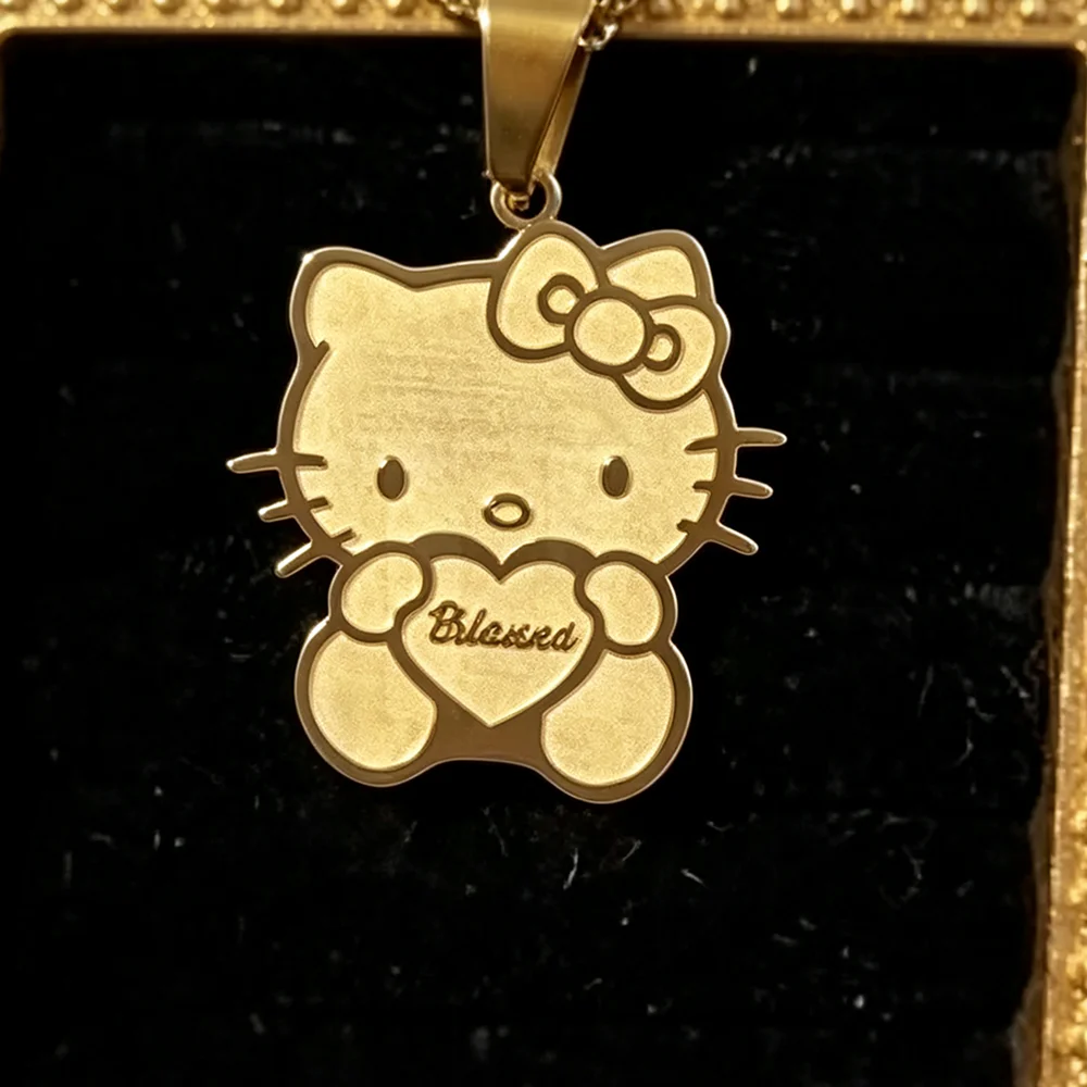 Personalized Hello Kitty Heart Necklace Stainless Steel Custom Engraved Name Pendant Charm Women Sanrio Cartoon Jewelry Gift