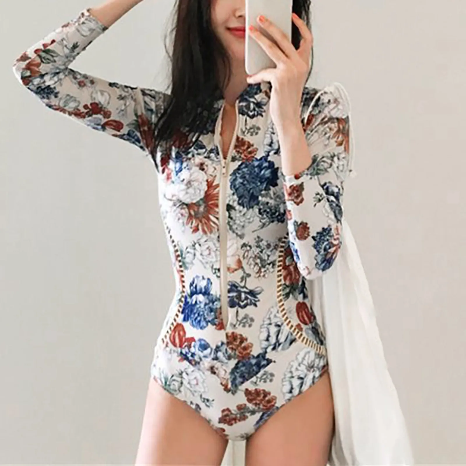 

Long Sleeve Bikini Swimwear Sexy Bikini Women Fashion Print Hollow Two Piece Swimsuit With Zipper High Waisted Bikini Bottoms