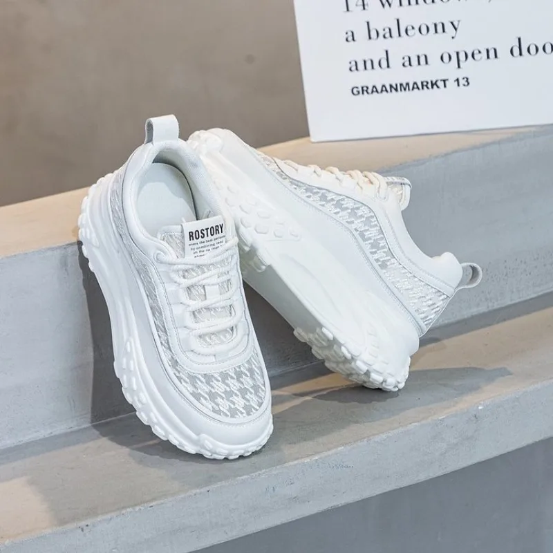 Casual Women HollowLaceMeshPlatformSneakersTreadChunkySole Lace‑Up Height‑Increasing Non‑Slip Daily Walking Dad Shoes White Pink view 4