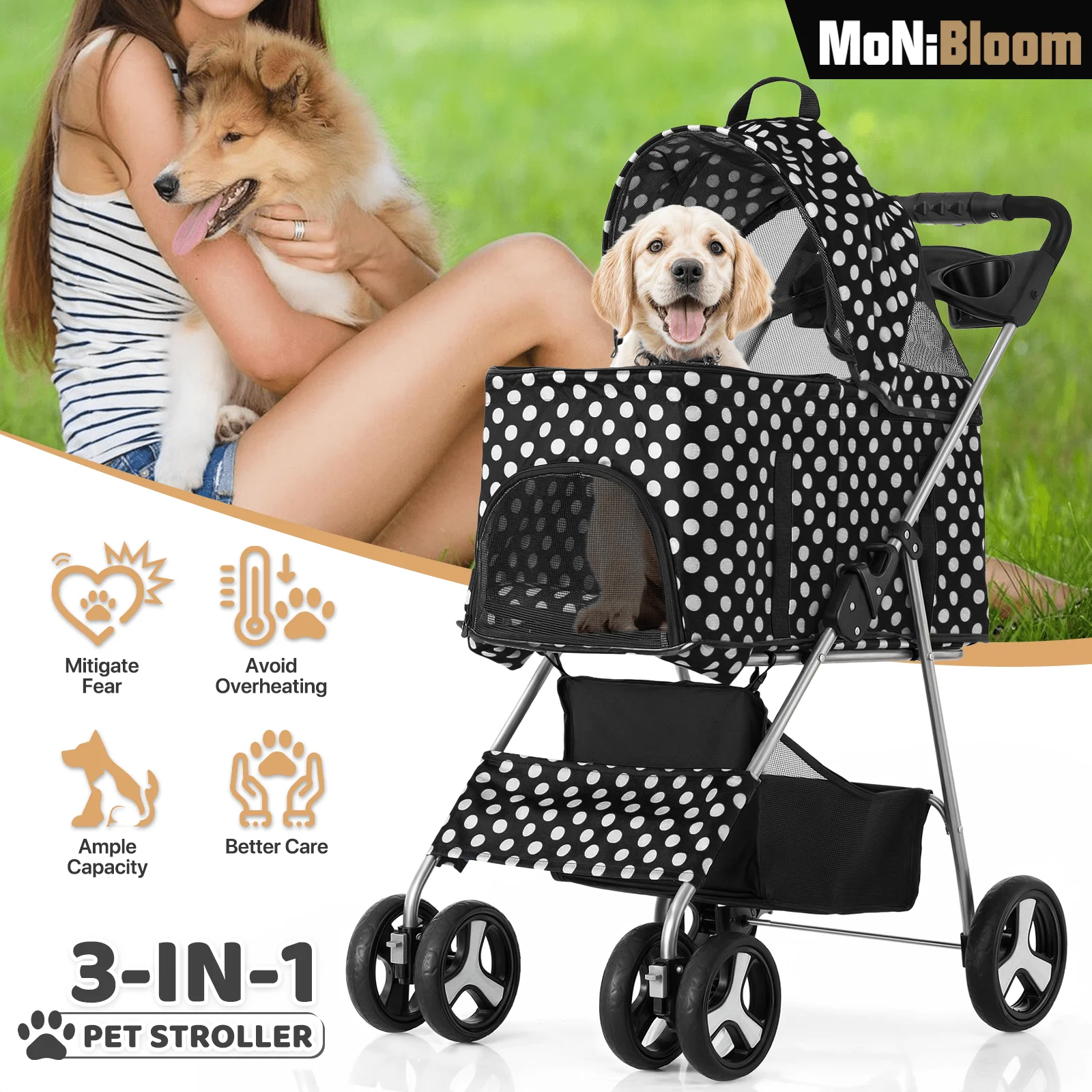 

3-in-1 Dog Stroller Foldable Detachable Carrier, Car Seat and Stroller with Push Button Entry for Cats Rabbit Bunny Pet Stroller