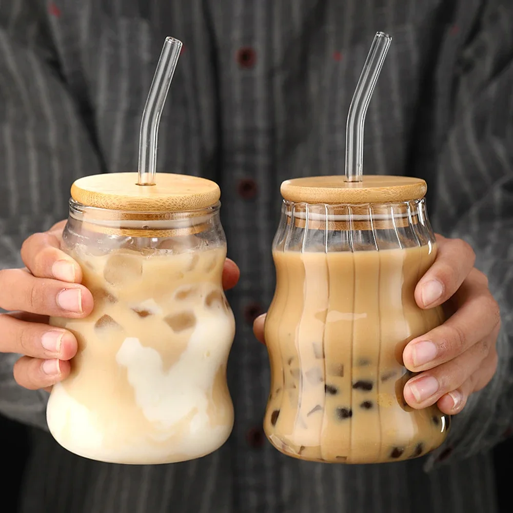 كوب زجاجي بشعار شفاف بغطاء وقش ، كوب قهوة مثلج ، أكواب شرب لمياه العصير ، أدوات شرب ، أواني شرب ، #2