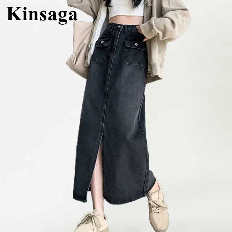 

Women Front Pockets Casual Mid-Calf Long Black Jeans Skirt 4XL Summer Girl Front Split Vintage Retro Jupe Straight Denim Skirt