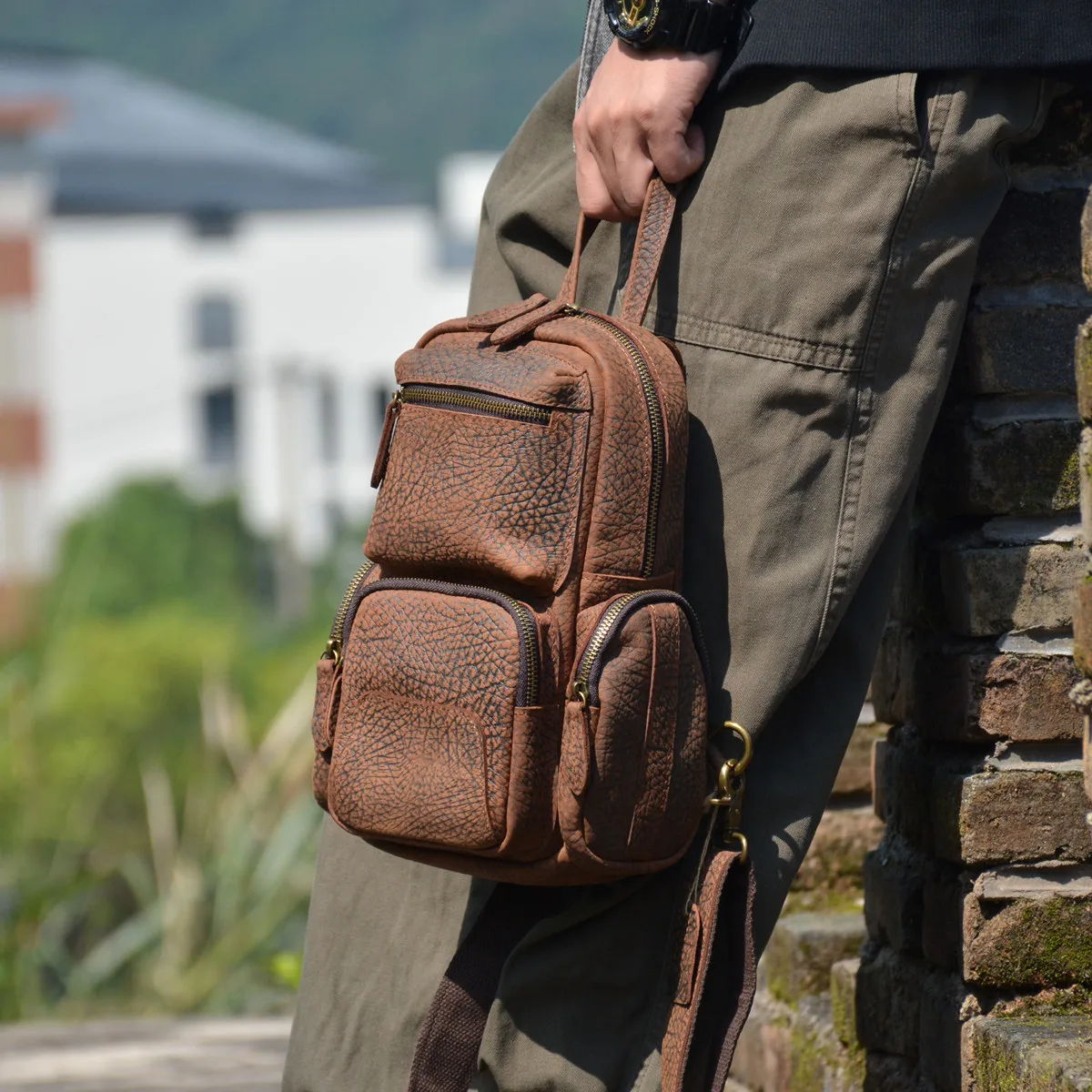 

casual vintage crazy horse cowhide men's chest bag organizer designer handmade outdoor sports genuine leather crossbody bag