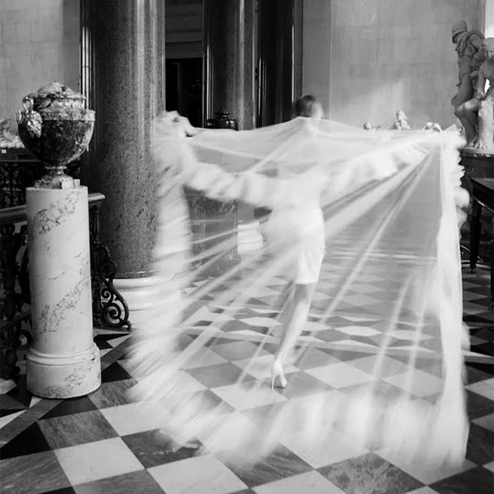 

Bridal face-covering ruffled veil hair comb, 2-tier fluffy soft tulle cathedral long train veil,Christmas wedding accessory VP12