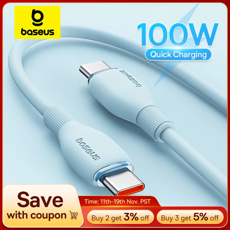 Baseus 100W USB C Cable For iPhone 16 15 Fast Charging Cable For Samsung Xiaomi Huawei Macbook Data Wire Charging Cable Soft TPE
