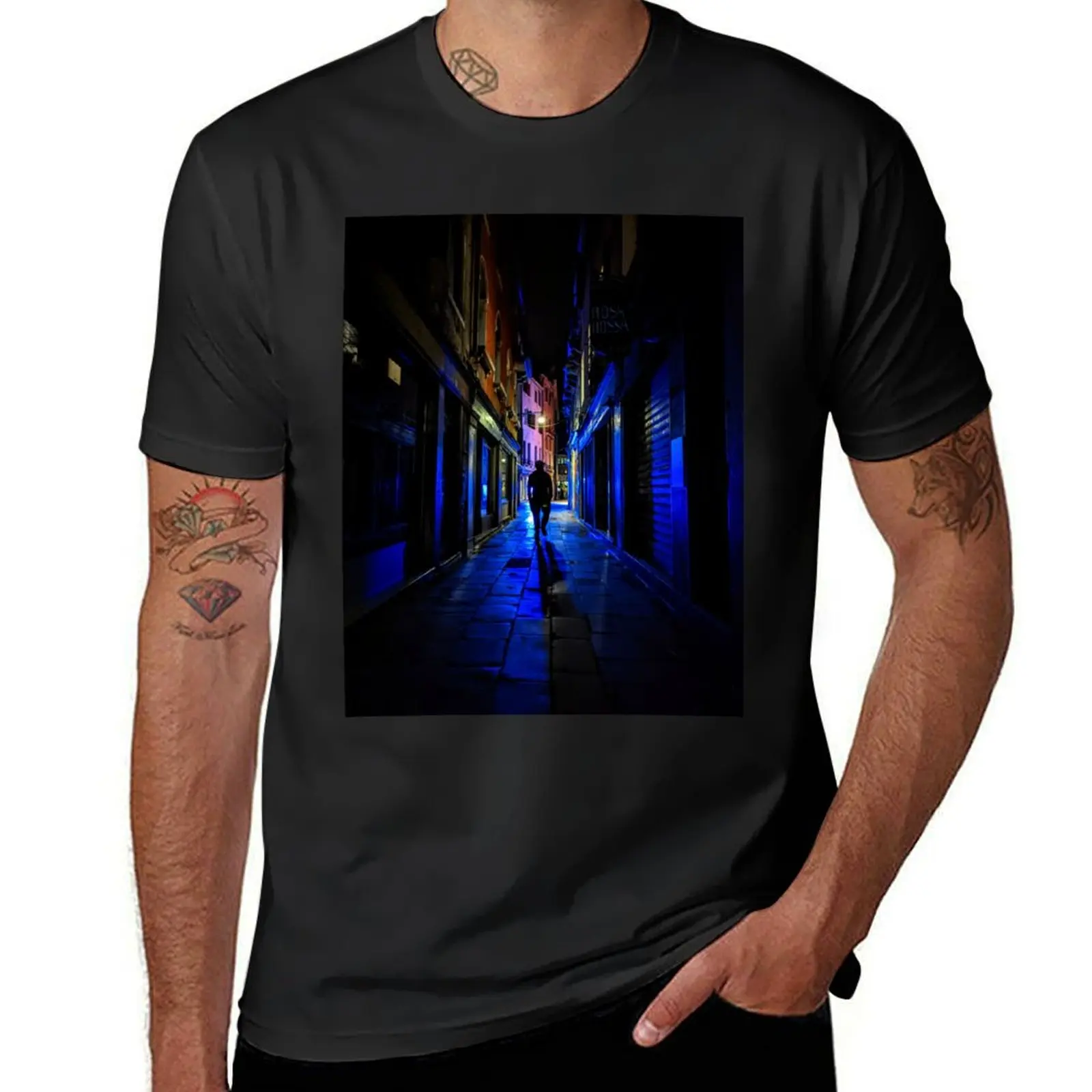 Man walks through an empty Venetian alley at night T-Shirt sweat heavyweights graphics plus sizes mens graphic t-shirts pack