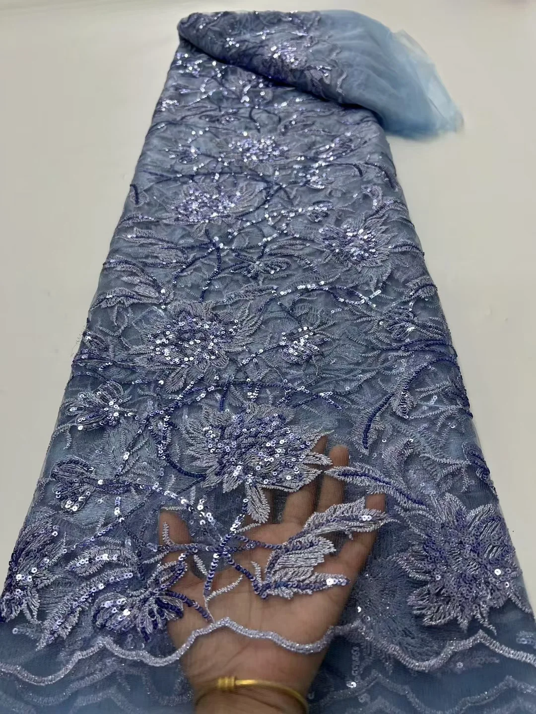 

Latest African Net Lace With Sequins African Lace Fabric High Quality 5 Yards Nigerian French Tulle Lace Fabric For Wedding 734